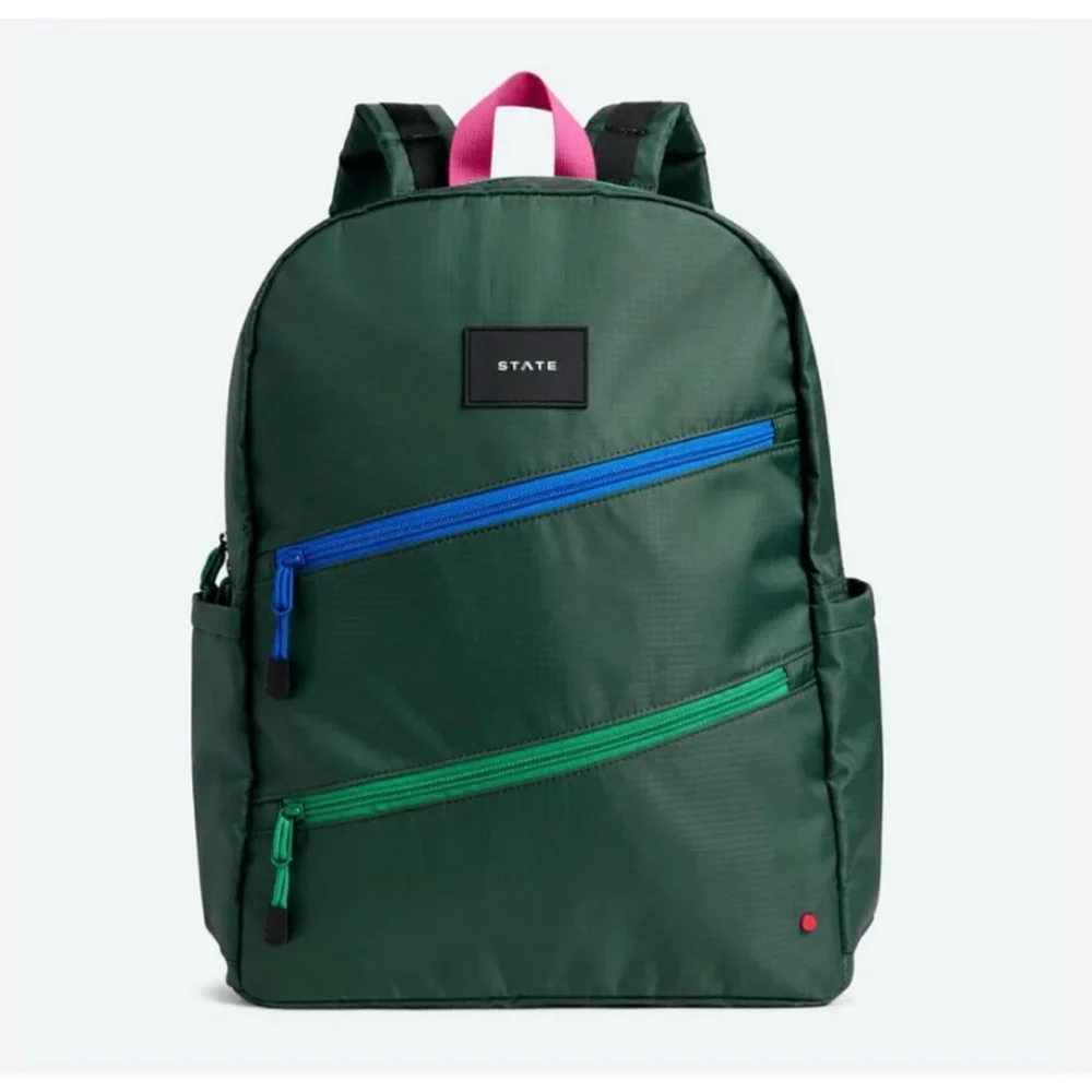 STATE Ripstop Kane Kid’s Double Pocket Large Olive Diagonal Zipper Backpack NWT